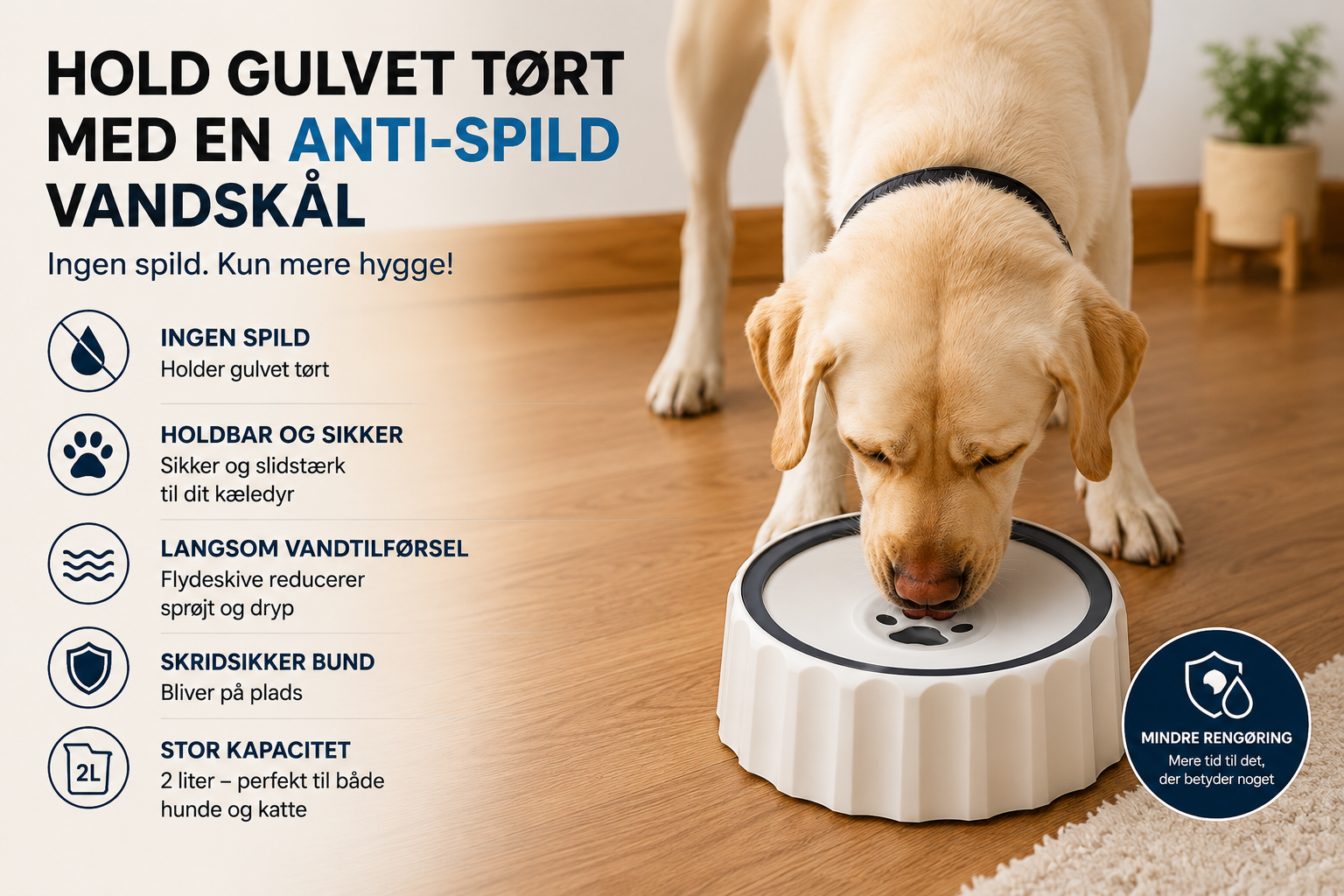 Anti-Spild Vandskål til Hund og Kat – 2L Skridsikker Vandskål uden Dryp og Sprøjt