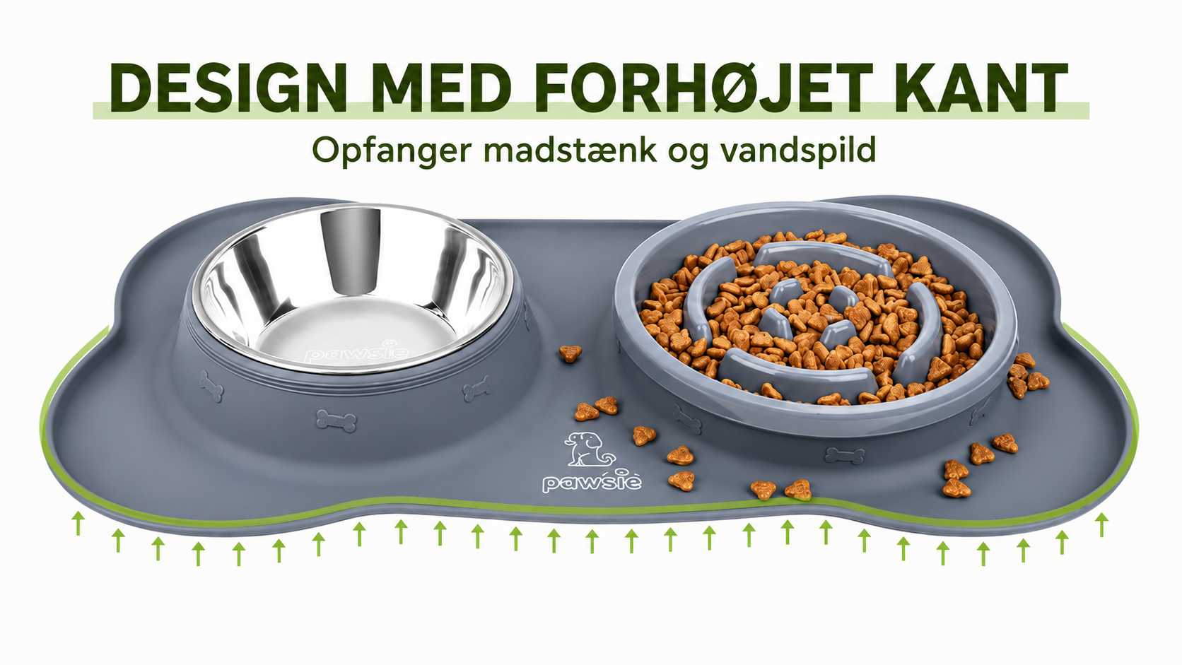 Slow Feeder Hundeskål med Vandskål – 3-i-1 Foderskål i Rustfrit Stål med Skridsikker Silikonemåtte