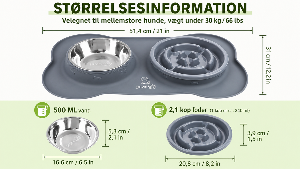Slow Feeder Hundeskål med Vandskål – 3-i-1 Foderskål i Rustfrit Stål med Skridsikker Silikonemåtte