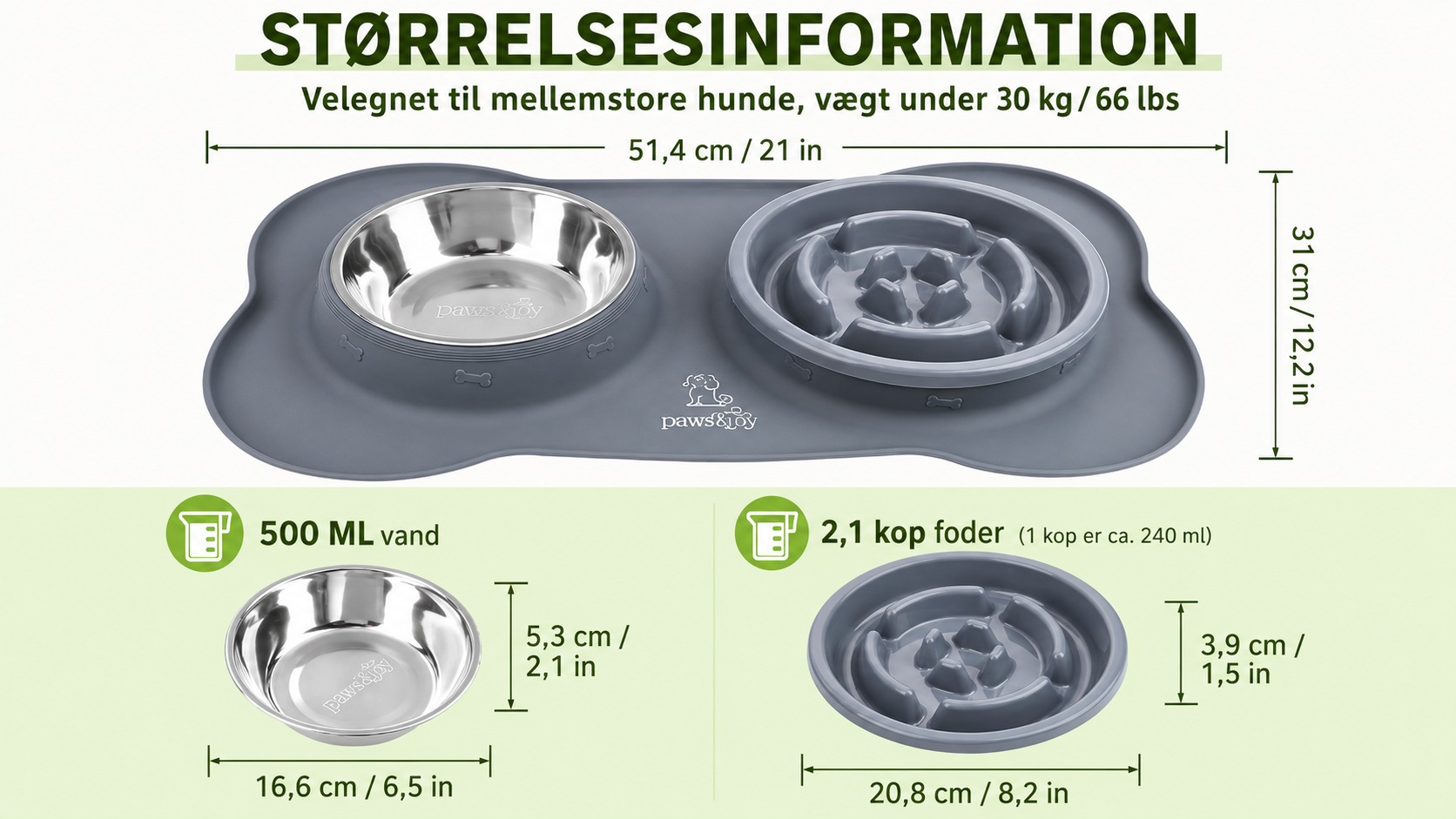 Slow Feeder Hundeskål med Vandskål – 3-i-1 Foderskål i Rustfrit Stål med Skridsikker Silikonemåtte