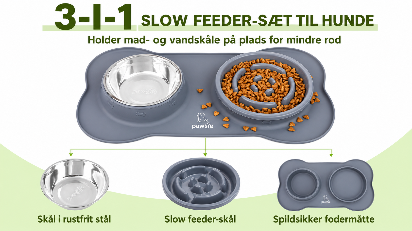 Slow Feeder Hundeskål med Vandskål – 3-i-1 Foderskål i Rustfrit Stål med Skridsikker Silikonemåtte