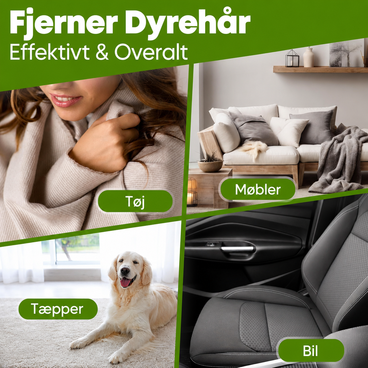 Pelsfjerner til Hundehår & Kattehår – Selvrensende og Genanvendelig til Sofa, Tæpper, Seng og Bil