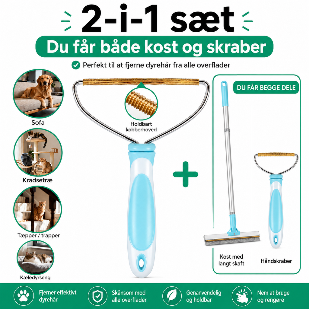 2-i-1 Pelsfjerner-sæt til Hundehår & Kattehår – Kost + Hårskraber