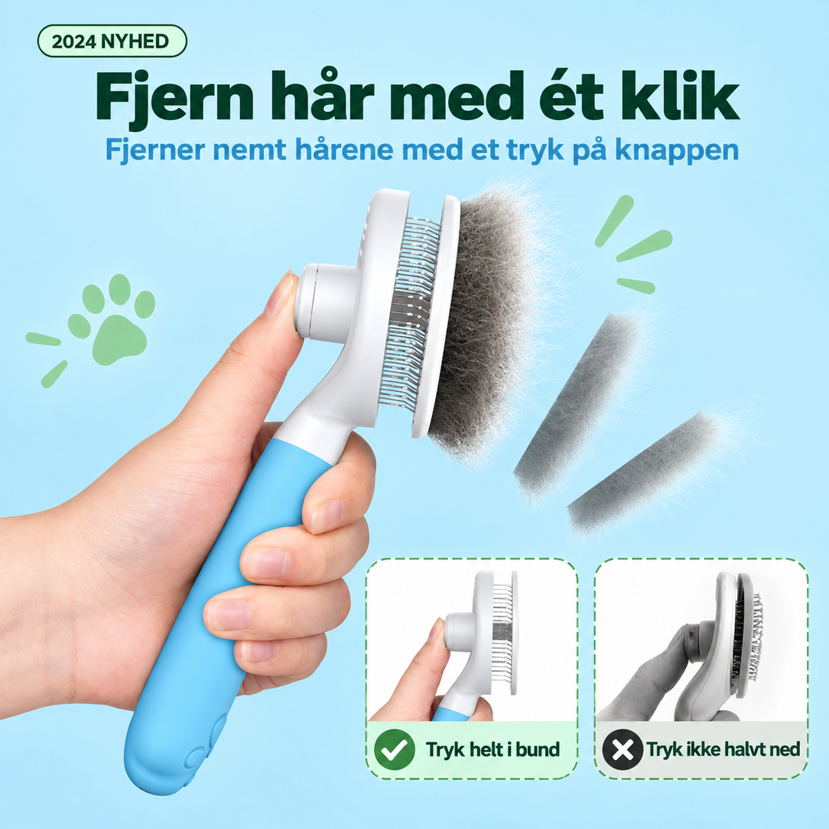 Kattebørste – selvrensende til kort og lang pels med ergonomisk håndtag