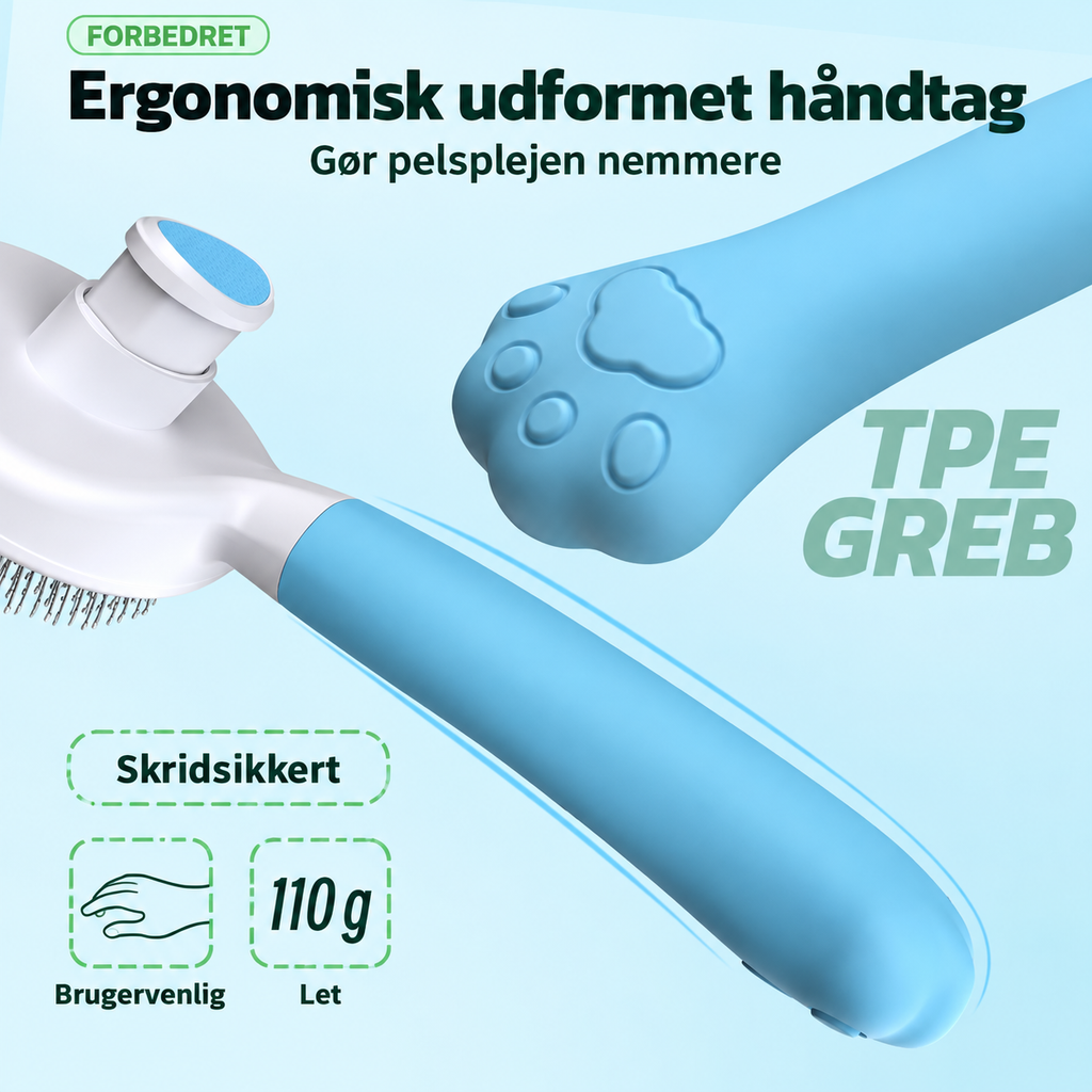 Kattebørste – selvrensende til kort og lang pels med ergonomisk håndtag
