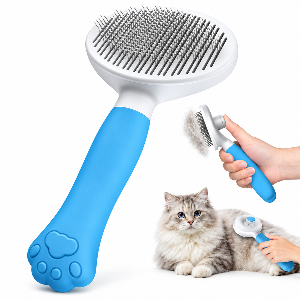 Kattebørste – selvrensende til kort og lang pels med ergonomisk håndtag
