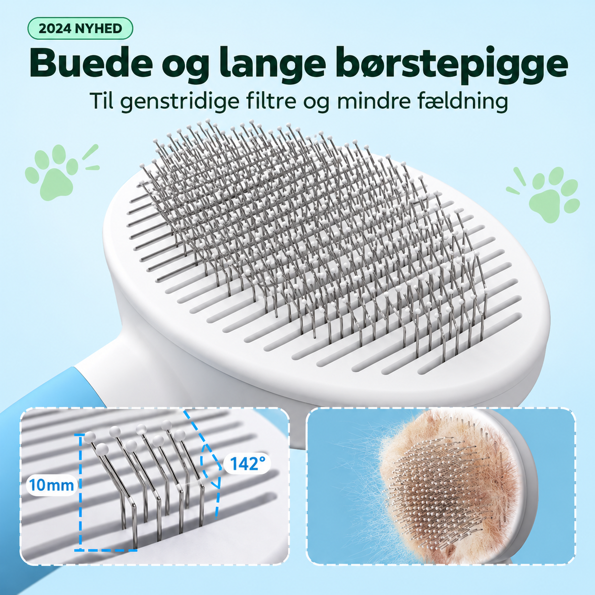 Kattebørste – selvrensende til kort og lang pels med ergonomisk håndtag