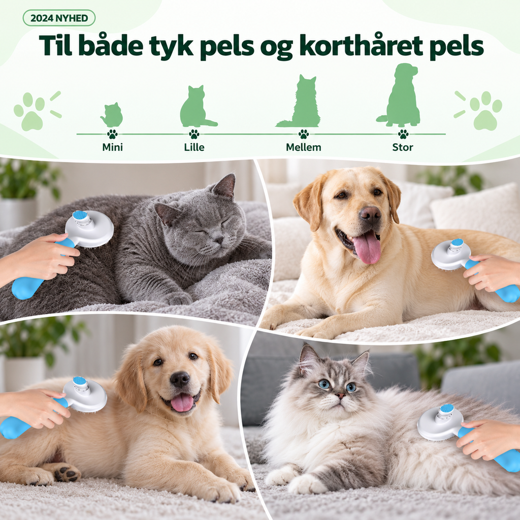 Kattebørste – selvrensende til kort og lang pels med ergonomisk håndtag